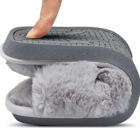 JOINFREE Women's Fluffy Slippers Plush Faux Fur Spa Sandal Shoes Gray size Large - Picture 6 of 11